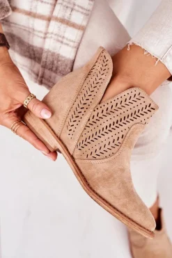 Damskie Boto Ażurowe Botki Na Koturnie Beżowe Melanie