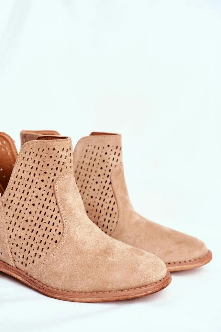 Discount Damskie buty S.Barski Ażurowe Botki Na Koturnie S.Barski Beżowe