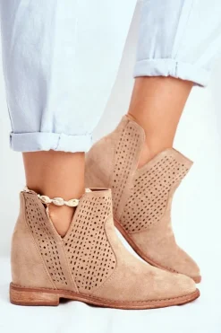 Discount Damskie buty S.Barski Ażurowe Botki Na Koturnie S.Barski Beżowe