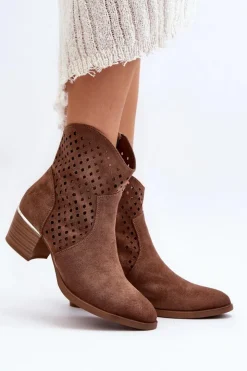 Damskie Buty damskie Vinceza Ażurowe Botki Na Niskim Obcasie Brązowe Cilvana