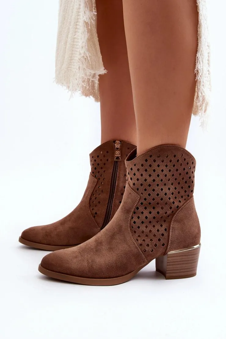 Damskie Buty damskie Vinceza Ażurowe Botki Na Niskim Obcasie Brązowe Cilvana