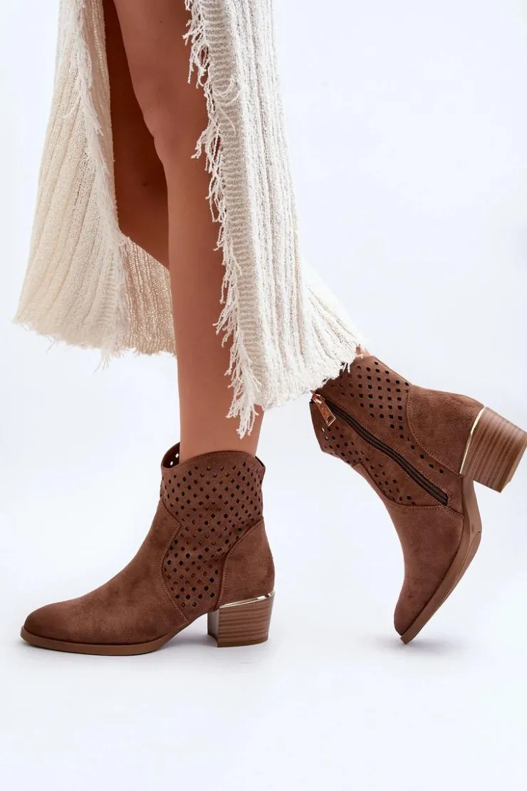 Damskie Buty damskie Vinceza Ażurowe Botki Na Niskim Obcasie Brązowe Cilvana