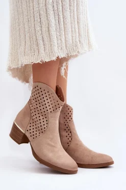 Hot Buty damskie Vinceza Ażurowe Botki Na Niskim Obcasie Beżowe Cilvana