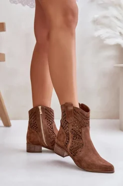 Zazoo Botki Na Słupku|Botki Ażurowe*Ażurowe Botki Na Płaskim Obcasie Zamszowe Lewski 3305/2 Brązowe