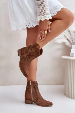 Zazoo Botki Na Słupku|Botki Ażurowe*Ażurowe Botki Na Płaskim Obcasie Zamszowe Lewski 3305/2 Brązowe