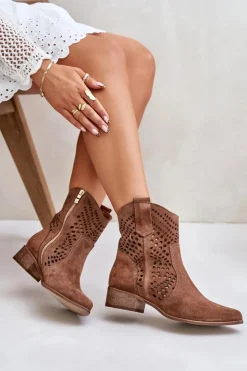 Zazoo Botki Na Słupku|Botki Ażurowe*Ażurowe Botki Na Płaskim Obcasie Zamszowe Lewski 3305/2 Brązowe