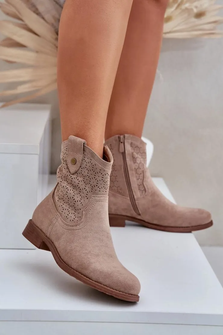 Damskie buty S.Barski Botki Ażurowe|Botki Płaskie*Ażurowe Botki Na Płaskim Obcasie S.Barski HY51-063 Beżowe