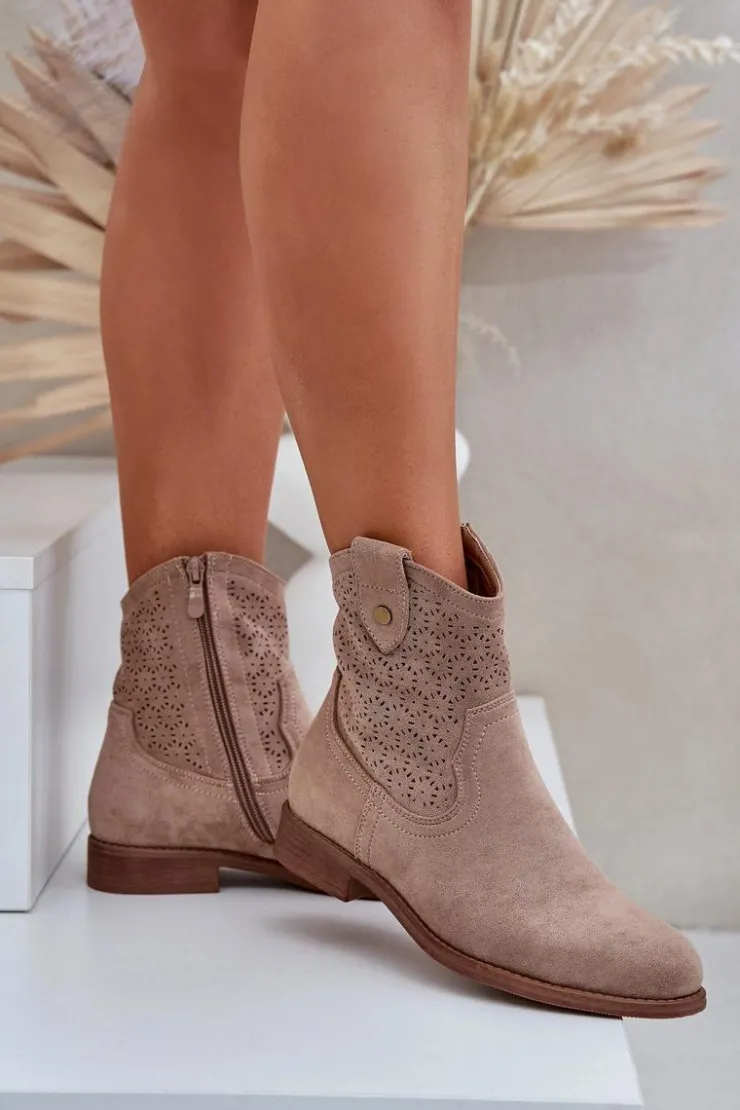 Damskie buty S.Barski Botki Ażurowe|Botki Płaskie*Ażurowe Botki Na Płaskim Obcasie S.Barski HY51-063 Beżowe