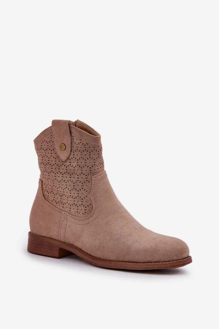 Damskie buty S.Barski Botki Ażurowe|Botki Płaskie*Ażurowe Botki Na Płaskim Obcasie S.Barski HY51-063 Beżowe