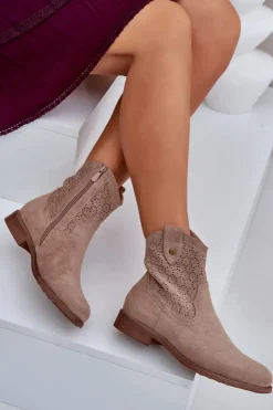 Damskie buty S.Barski Botki Ażurowe|Botki Płaskie*Ażurowe Botki Na Płaskim Obcasie S.Barski HY51-063 Beżowe