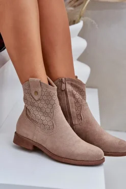 Damskie buty S.Barski Botki Ażurowe|Botki Płaskie*Ażurowe Botki Na Płaskim Obcasie S.Barski HY51-063 Beżowe