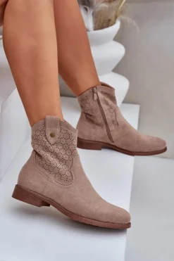 Damskie buty S.Barski Botki Ażurowe|Botki Płaskie*Ażurowe Botki Na Płaskim Obcasie S.Barski HY51-063 Beżowe