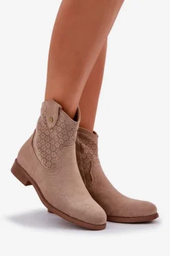 Damskie buty S.Barski Botki Ażurowe|Botki Płaskie*Ażurowe Botki Na Płaskim Obcasie S.Barski HY51-063 Beżowe