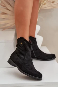 Damskie buty S.Barski Botki Ażurowe|Botki Płaskie*Ażurowe Botki Na Płaskim Obcasie S.Barski HY51-063 Czarne Czarny