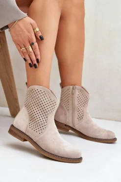Hot Boto Ażurowe Botki Na Płaskim Obcasie Jasnobeżowe Zinollia