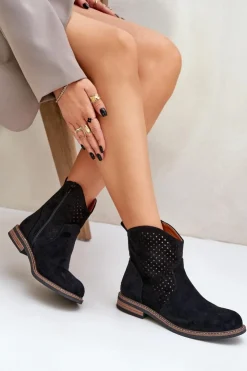 Boto Botki Ażurowe|Botki Płaskie*Ażurowe Botki Na Płaskim Obcasie Czarne Zinollia