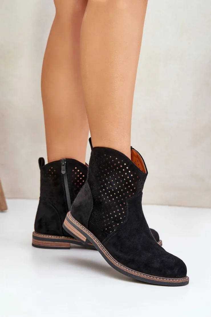 Boto Botki Ażurowe|Botki Płaskie*Ażurowe Botki Na Płaskim Obcasie Czarne Zinollia