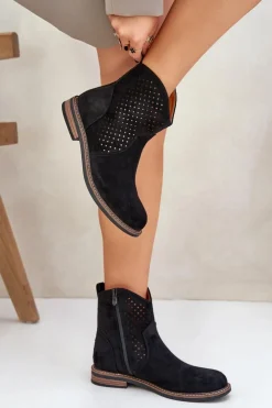Boto Botki Ażurowe|Botki Płaskie*Ażurowe Botki Na Płaskim Obcasie Czarne Zinollia