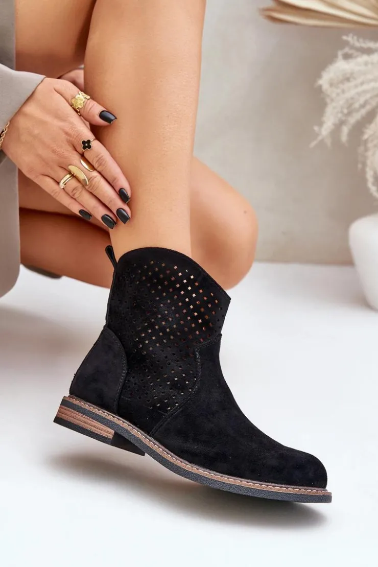 Boto Botki Ażurowe|Botki Płaskie*Ażurowe Botki Na Płaskim Obcasie Czarne Zinollia