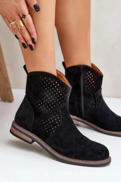 Boto Botki Ażurowe|Botki Płaskie*Ażurowe Botki Na Płaskim Obcasie Czarne Zinollia