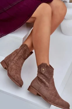 Outlet Damskie buty S.Barski Ażurowe Botki Na Płaskim Obcasie S.Barski HY51-063 Brązowe