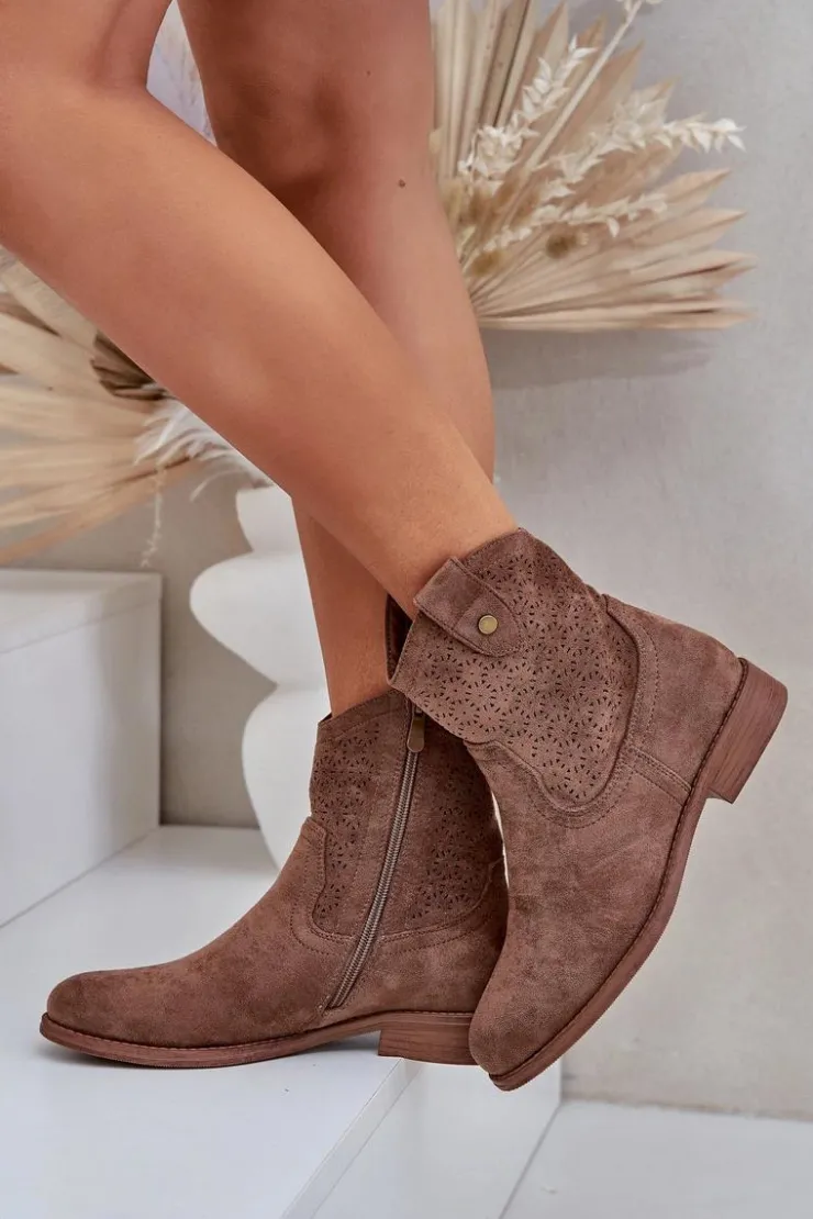 Outlet Damskie buty S.Barski Ażurowe Botki Na Płaskim Obcasie S.Barski HY51-063 Brązowe