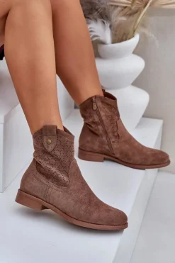 Outlet Damskie buty S.Barski Ażurowe Botki Na Płaskim Obcasie S.Barski HY51-063 Brązowe