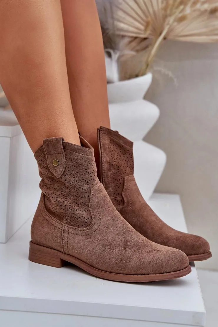 Outlet Damskie buty S.Barski Ażurowe Botki Na Płaskim Obcasie S.Barski HY51-063 Brązowe