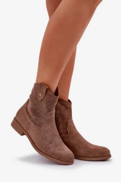 Outlet Damskie buty S.Barski Ażurowe Botki Na Płaskim Obcasie S.Barski HY51-063 Brązowe