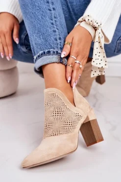 Damskie Boto Ażurowe Botki Na Słupku Beżowe Michelle