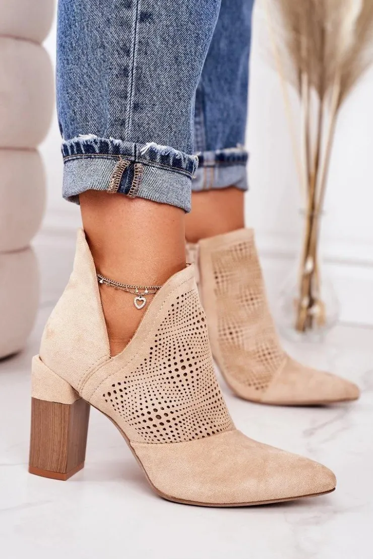 Damskie Boto Ażurowe Botki Na Słupku Beżowe Michelle