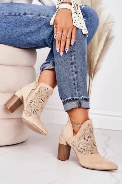 Damskie Boto Ażurowe Botki Na Słupku Beżowe Michelle