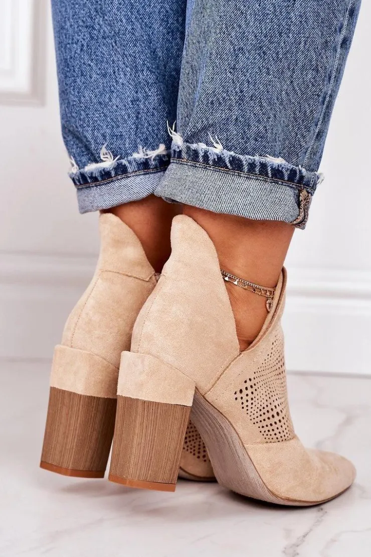 Damskie Boto Ażurowe Botki Na Słupku Beżowe Michelle
