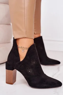 Damskie Boto Ażurowe Botki Na Słupku Czarne Michelle