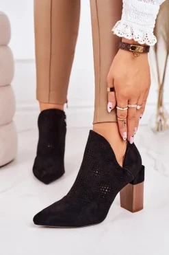 Damskie Boto Ażurowe Botki Na Słupku Czarne Michelle