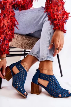 Damskie Maciejka Ażurowe Botki Na Słupku 04593-17 Granatowe