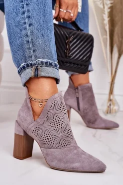 Boto Botki Wiosenne|Botki Na Słupku*Ażurowe Botki Na Słupku Szare Michelle