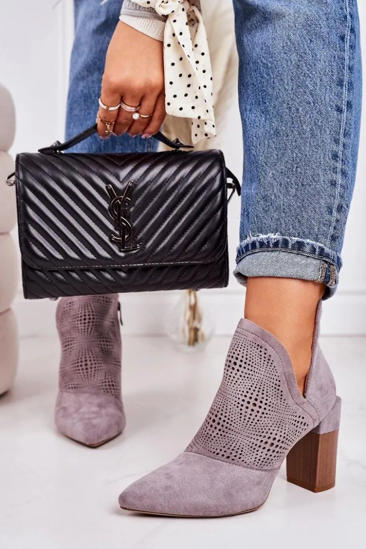 Boto Botki Wiosenne|Botki Na Słupku*Ażurowe Botki Na Słupku Szare Michelle