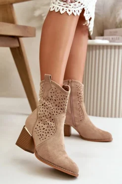 Damskie Boto Ażurowe Botki Na Słupku Z Eko Zamszu Zapinane Na Zamek Ciemnobeżowe Sevana