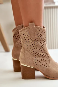 Damskie Boto Ażurowe Botki Na Słupku Z Eko Zamszu Zapinane Na Zamek Ciemnobeżowe Sevana