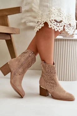 Damskie Boto Ażurowe Botki Na Słupku Z Eko Zamszu Zapinane Na Zamek Ciemnobeżowe Sevana