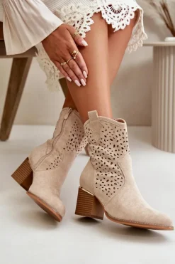 Discount Boto Ażurowe Botki Na Słupku Z Eko Zamszu Zapinane Na Zamek Beżowe Sevana