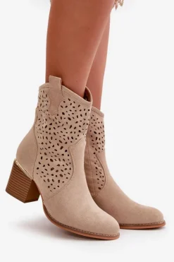 Discount Boto Ażurowe Botki Na Słupku Z Eko Zamszu Zapinane Na Zamek Beżowe Sevana