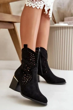 Damskie Boto Ażurowe Botki Na Słupku Z Eko Zamszu Zapinane Na Zamek Czarne Sevana