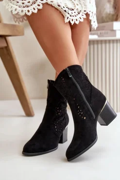Damskie Boto Ażurowe Botki Na Słupku Z Eko Zamszu Zapinane Na Zamek Czarne Sevana