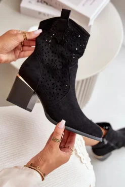 Damskie Boto Ażurowe Botki Na Słupku Z Eko Zamszu Zapinane Na Zamek Czarne Sevana