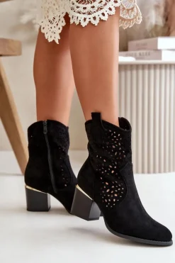 Damskie Boto Ażurowe Botki Na Słupku Z Eko Zamszu Zapinane Na Zamek Czarne Sevana