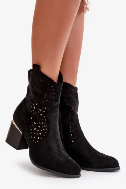 Damskie Boto Ażurowe Botki Na Słupku Z Eko Zamszu Zapinane Na Zamek Czarne Sevana