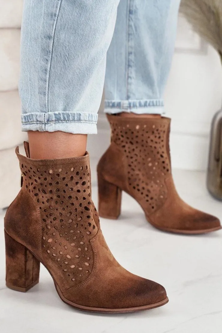 Damskie Boto Ażurowe Botki Na Słupku Zamszowe Exquisite 1219 Koniak