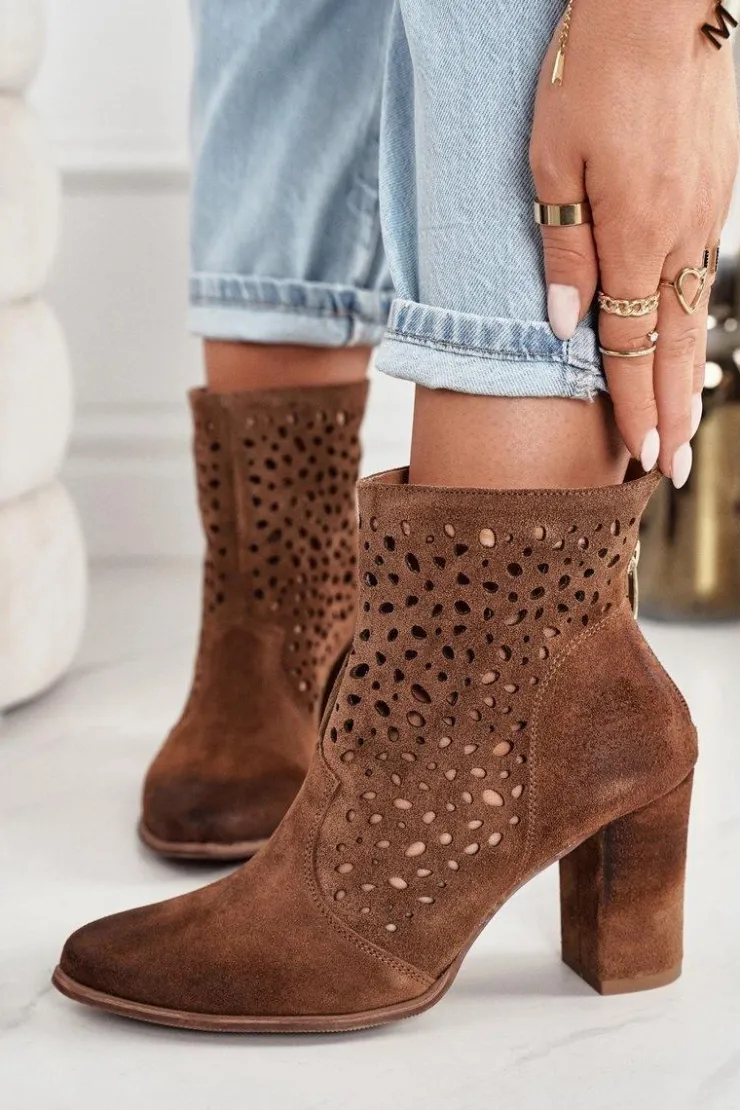 Damskie Boto Ażurowe Botki Na Słupku Zamszowe Exquisite 1219 Koniak